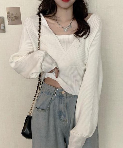 Mayree（メイリー）の「【AURORIA】バックリボンキャミレイヤードニットトップス（ニット/セーター・レディース・ピンク/ブラウン/ホワイト/ブラック・FREE）」の2枚目の写真