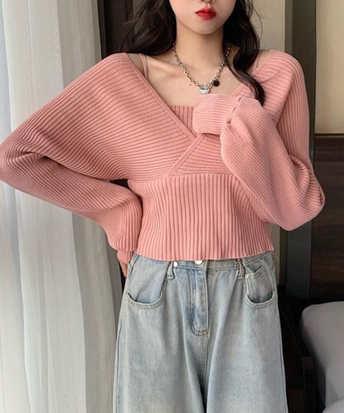 Mayree（メイリー）の「【AURORIA】バックリボンキャミレイヤードニットトップス（ニット/セーター・レディース・ピンク/ブラウン/ホワイト/ブラック・FREE）」の4枚目の写真