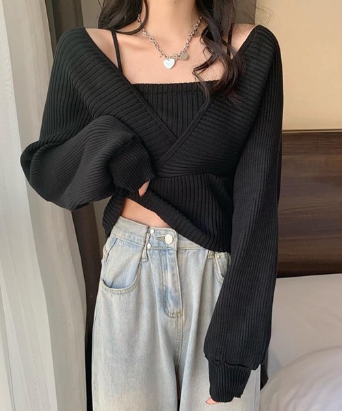 Mayree（メイリー）の「【AURORIA】バックリボンキャミレイヤードニットトップス（ニット/セーター・レディース・ピンク/ブラウン/ホワイト/ブラック・FREE）」の3枚目の写真