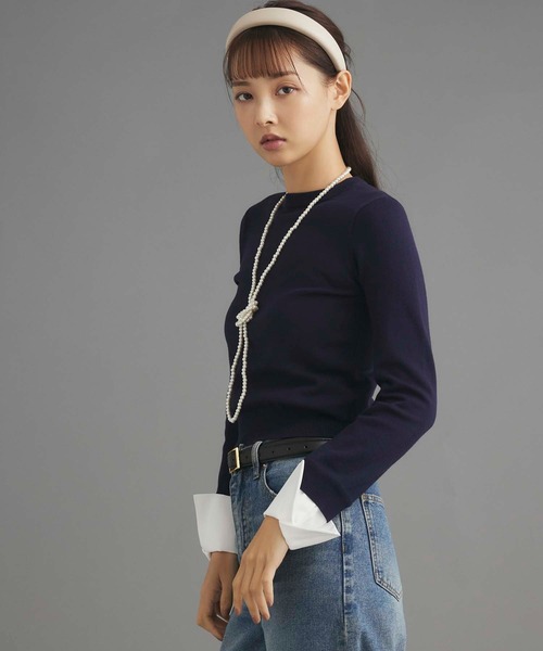 黒の長袖ニット ストライプカフス ロングカフスニットプルオーバー（ニット/セーター）｜fifth（フィフス