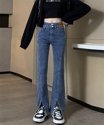 2ボタンハイウエスト 裾スリットデニムパンツ