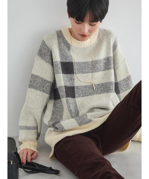 AMERICAN HOLIC（アメリカンホリック）の「ブークレチェックニットチュニック（チュニック・レディース・キャメル/グレー/アイボリー・L/M）」の17枚目の写真