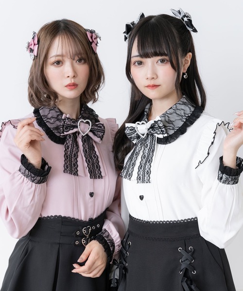 DearMyLove（ディアマイラブ）の「レース重ねハートリボンフリルブラウス（シャツ/ブラウス・レディース・ブラック/ベビーピンク/ホワイト/ブルー・LARGE/X-LARGE/MEDIUM/XX-LARGE）」の5枚目の写真