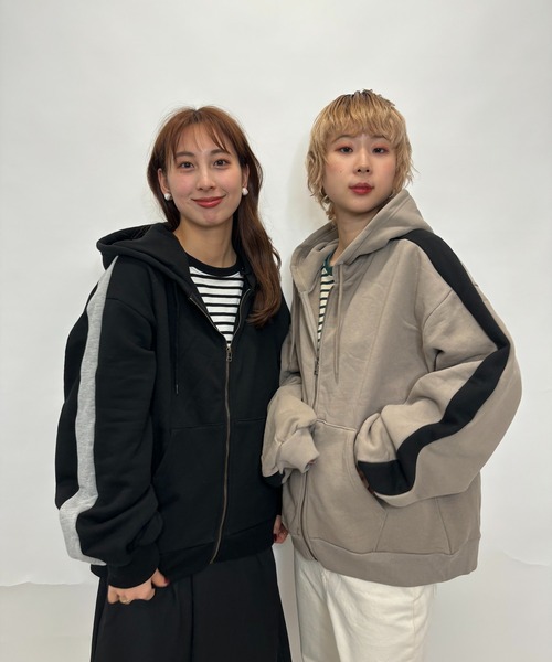 Alite cloth（アリーテクロス）の「袖ラインビッグサイズジップパーカー（パーカー・レディース・グレー/ブルー/ブラック/ブラウン・S/M/L/XL）」の2枚目の写真