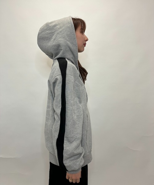 Alite cloth（アリーテクロス）の「袖ラインビッグサイズジップパーカー（パーカー・レディース・グレー/ブルー/ブラック/ブラウン・S/M/L/XL）」の9枚目の写真