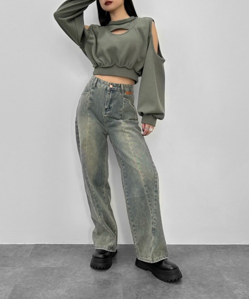 LVEU.（ラブユ.）の「【LVEU.】切り替えデザインウォッシュデニムパンツ / ボトムス デニム パンツ ヴィンテージ インディゴ ワイド ルーズ ブルー（デニムパンツ・レディース・ブルー・FREE）」の3枚目の写真