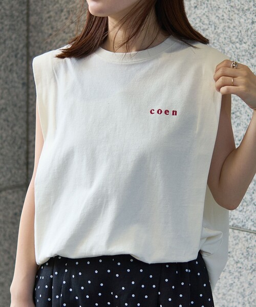 coen(コーエン)の「【WEB限定】コーエンロゴ刺繍タックノースリーブTシャツ(Tシャツ/カットソー・レディース・ブラック/ナチュラル/オフホワイト・M/L)」の3枚目の写真