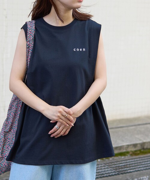 coen(コーエン)の「【WEB限定】コーエンロゴ刺繍タックノースリーブTシャツ(Tシャツ/カットソー・レディース・ブラック/ナチュラル/オフホワイト・M/L)」の1枚目の写真
