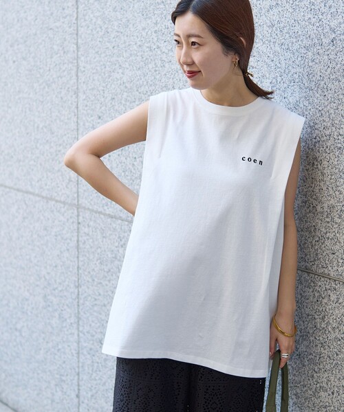 coen(コーエン)の「【WEB限定】コーエンロゴ刺繍タックノースリーブTシャツ(Tシャツ/カットソー・レディース・ブラック/ナチュラル/オフホワイト・M/L)」の4枚目の写真