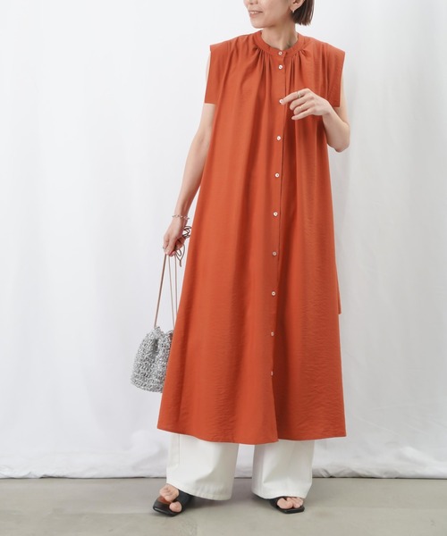 LUCA/LADY LUCK LUCA（ルカ/レディラックルカ）の「LC/LLL ストライプワンピース / サイドスリットノースリシャツワンピース（シャツワンピース・レディース・グリーン/ブラック/オレンジ・FREE）」の5枚目の写真