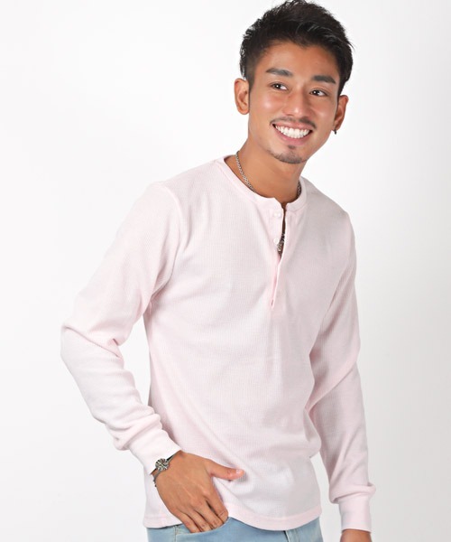 LUXSTYLE(ラグスタイル)の「ワッフルヘンリーネック長袖Tシャツ(Tシャツ/カットソー・メンズ・グレー/ピンク/ベージュ/ブラック/カーキ/ネイビー/ホワイト・XL/L/M)」の7枚目の写真