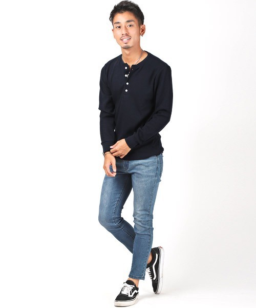 LUXSTYLE(ラグスタイル)の「ワッフルヘンリーネック長袖Tシャツ(Tシャツ/カットソー・メンズ・グレー/ピンク/ベージュ/ブラック/カーキ/ネイビー/ホワイト・XL/L/M)」の14枚目の写真