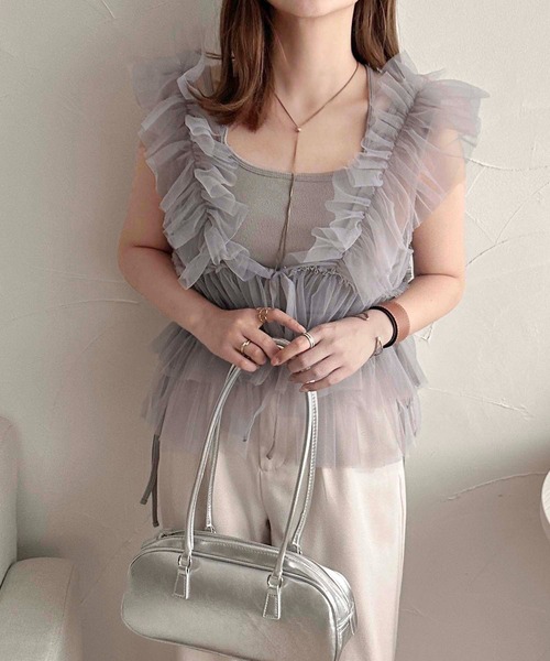 apres jour clair（アプレジュールクレア）の「【apres jour clair】チュールフリルトップス【ZOZOTOWN限定アイテム】（タンクトップ・レディース・アイボリー/チャコールグレー/ブルー系その他・フリー/X-LARGE）」の2枚目の写真