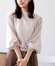 ケーブル編 袖ドット柄ドッキング長袖ニット