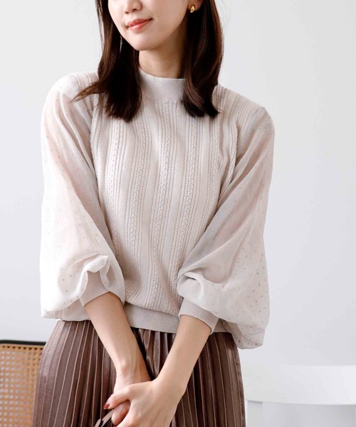 ケーブル編 袖ドット柄ドッキング長袖ニット（ニット/セーター）｜Jines（ジネス）