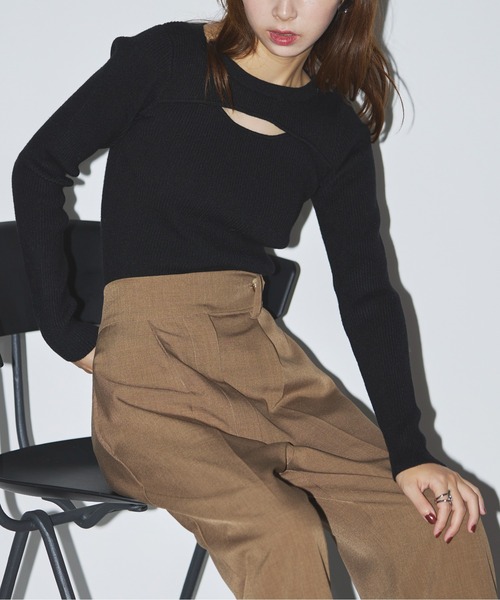 SETUP7(セットアップセブン)の「【SETUP7】crew neck front Slit Knit(ニット/セーター・レディース・グレイッシュブルー/ブラック/モカ・FREE)」の4枚目の写真