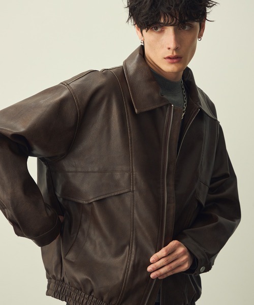 セール】ヴィンテージライク合成皮革オーバーサイズジップアップ