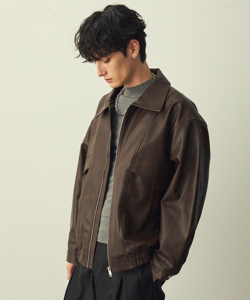 セール】ヴィンテージライク合成皮革オーバーサイズジップアップ