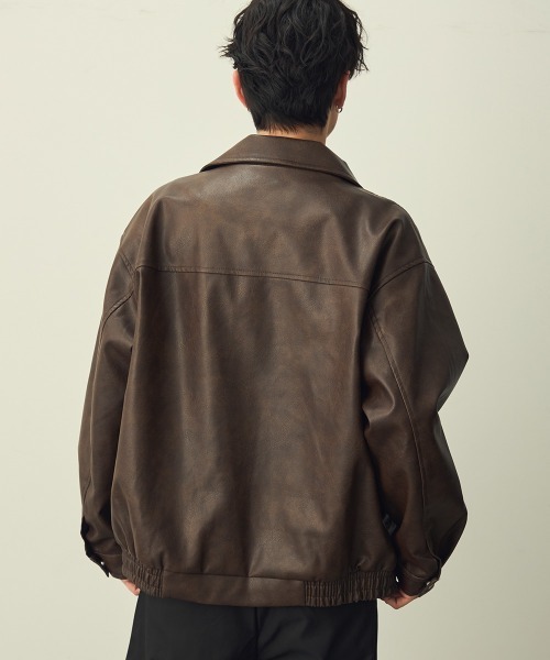 セール】ヴィンテージライク合成皮革オーバーサイズジップアップ