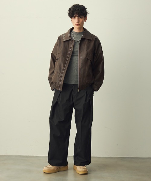 セール】ヴィンテージライク合成皮革オーバーサイズジップアップ