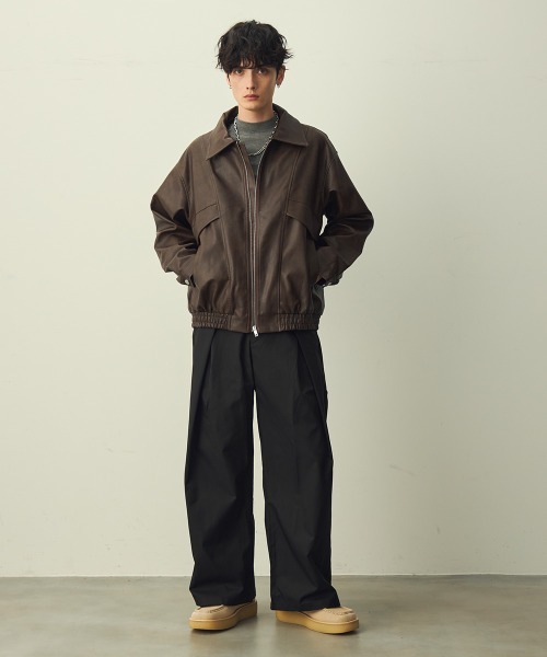 80's 90's vintage オーバーサイズ ウール taste ブルゾン セール】ヴィンテージライク合成皮革オーバーサイズジップアップ