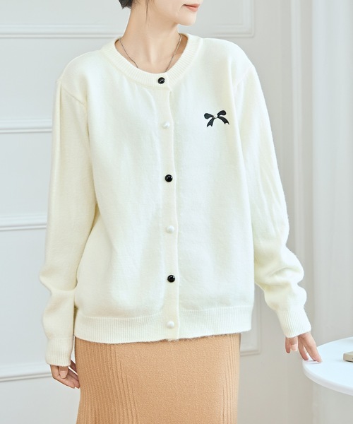 セール】リボン 刺繍 クルーネック 長袖 ニット カーディガン