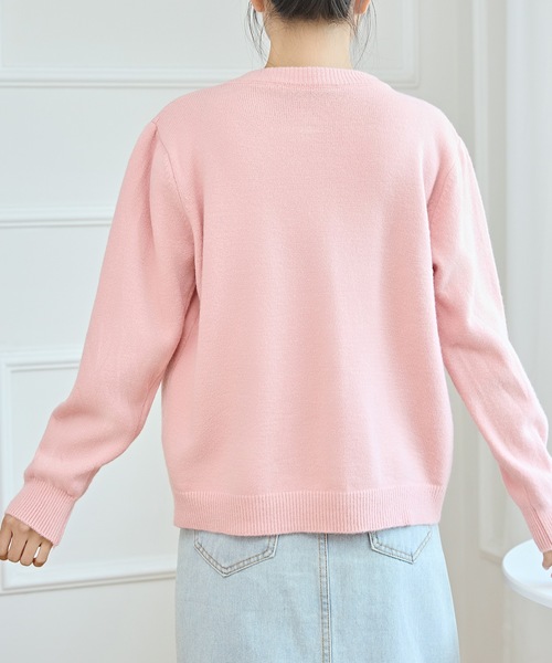 セール】リボン 刺繍 クルーネック 長袖 ニット カーディガン