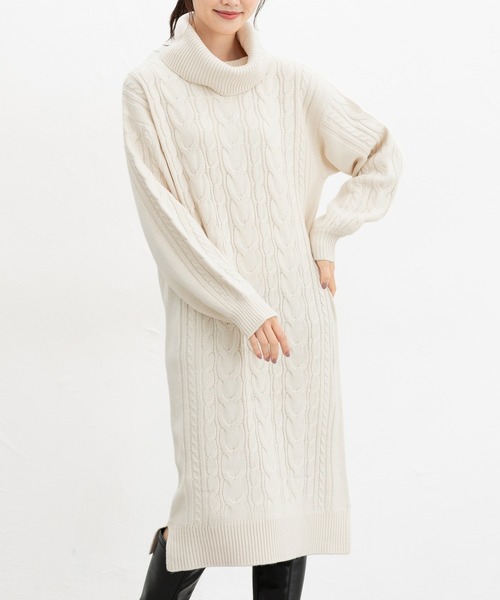 Honeys（ハニーズ）の「ケーブル編ニットワンピース（ワンピース・レディース・スミクロ/ラベンダー/モカ/グレイッシュベージュ・M/L/LL）」の11枚目の写真