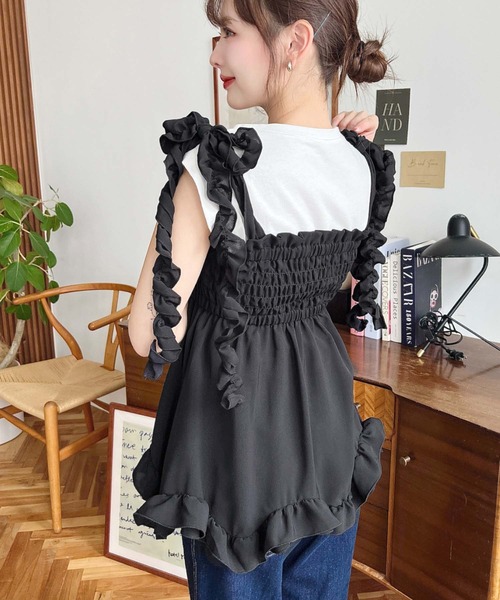 Litmus herprada Bustier シャーリングビスチェ 肩フリルリボンシャーリングビスチェ[品番：ERMW0000094