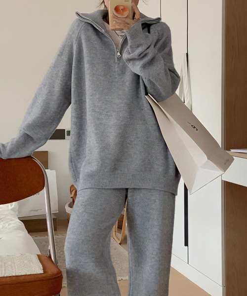 韓国 セットアップ ニット フーディ ワイドパンツ セット グレー ニットセットアップ 2点セット ハーフジップニットプルオーバー