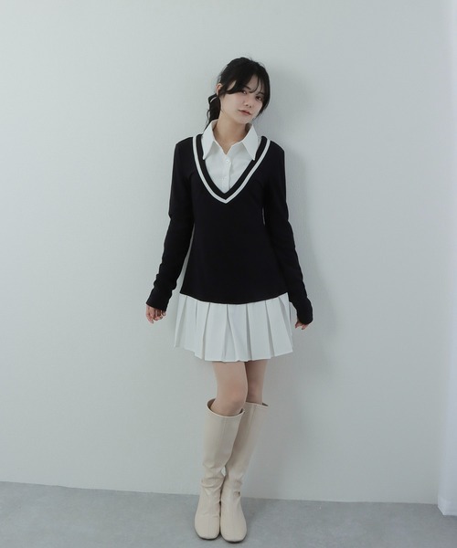 M DOLLY(エムドリー)の「cardigan docking mini dress/カーディガンドッキングミニドレス(ワンピース・レディース・ブラック/グレー・S/M)」の6枚目の写真