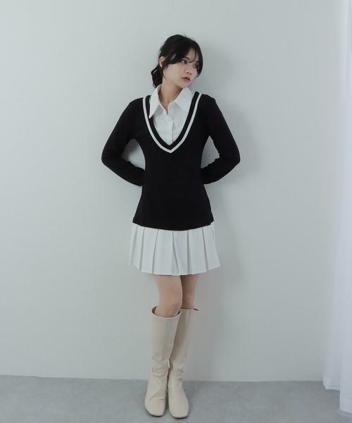 M DOLLY(エムドリー)の「cardigan docking mini dress/カーディガンドッキングミニドレス(ワンピース・レディース・ブラック/グレー・S/M)」の5枚目の写真