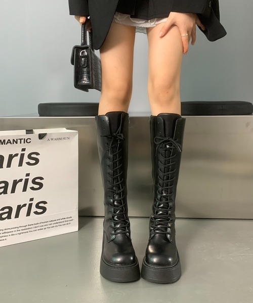 Lace Ladies（レースレディース）の「レザー調 厚底 レースアップ プラットフォーム ロング ブーツ（ブーツ・レディース・アイボリー/ブラック・23.5cm/23cm/22.5cm/24.5cm/24cm）」の3枚目の写真