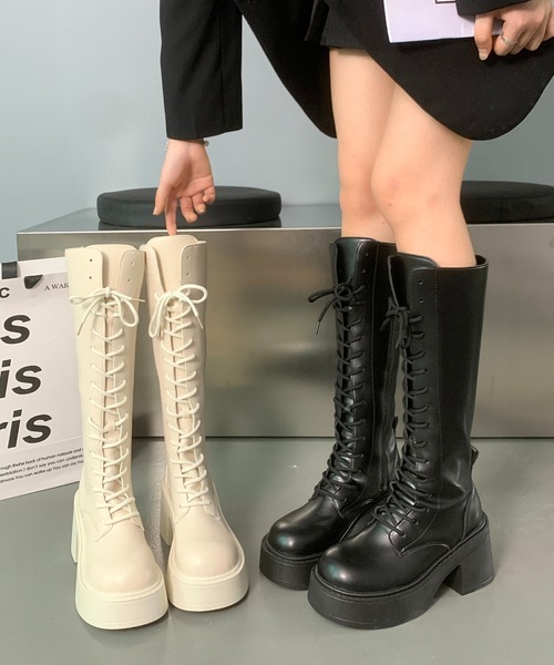 Lace Ladies（レースレディース）の「レザー調 厚底 レースアップ プラットフォーム ロング ブーツ（ブーツ・レディース・アイボリー/ブラック・23.5cm/23cm/22.5cm/24.5cm/24cm）」の7枚目の写真