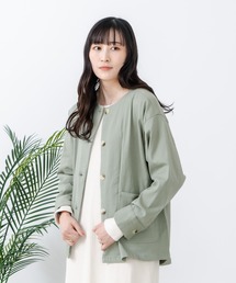♡♡お値下げします♡♡　新品未使用　LEQUIPE　カーキ ノーカラージャケット 麻調メッシュノーカラーショートジャケット｜BIGI online store