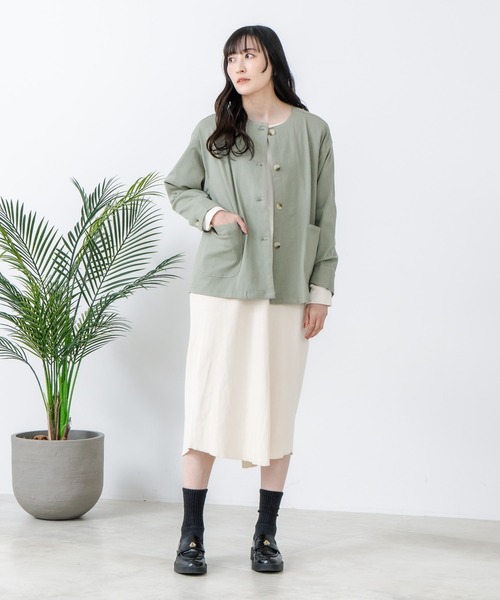 fort point（フォーポイント）の「【FORT POINT/フォートポイント】ストレッチノーカラージャケット（ノーカラージャケット・レディース・カーキ/チャコールグレー/オフホワイト・FREE）」の8枚目の写真