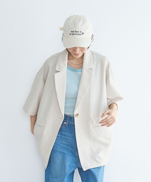 coen（コーエン）の「リネンタッチ ポリエステル ハーフスリーブ ジャケット（セットアップ対応）（テーラードジャケット・レディース・ナチュラル/ブラック・FREE）」の9枚目の写真