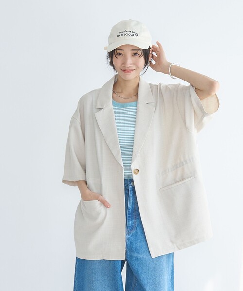 coen（コーエン）の「リネンタッチ ポリエステル ハーフスリーブ ジャケット（セットアップ対応）（テーラードジャケット・レディース・ナチュラル/ブラック・FREE）」の10枚目の写真