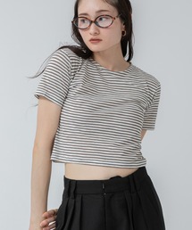 シアーボーダーショート丈Tシャツ/ネイビー ブラウン 夏服 春服 韓国 細ボーダー 柄 トップス クロップド丈 コンパクト 半袖 ノームコア シティーガール カットソー シアー ボーダー