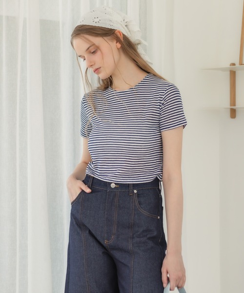 HEILIS(ヘイリス)の「シアーボーダーショート丈Tシャツ/ネイビー ブラウン 夏服 春服 韓国 細ボーダー 柄 トップス クロップド丈 コンパクト 半袖 ノームコア シティーガール カットソー シアー ボーダー(Tシャツ/カットソー・レディース・ネイビー/ブラウン・FREE)」の22枚目の写真