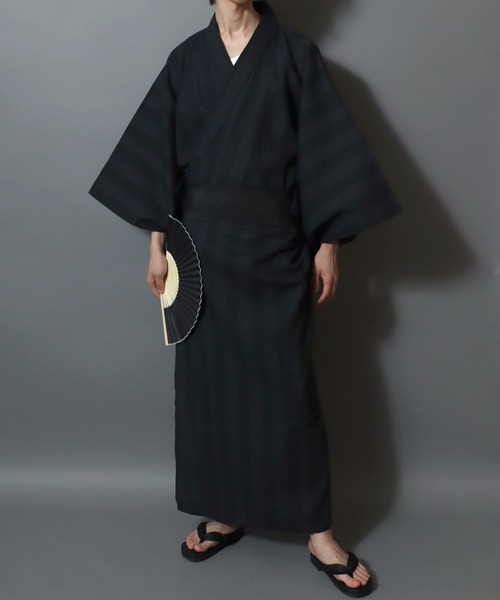 ANPAS(アンパス)の「Shijira-Weave YUKATA / しじら織り 浴衣 4点セット (帯 下駄 扇子付き) メンズ 紳士用 和装 夏祭り 花火大会(浴衣・メンズ・ネイビー/ブラック系その他4/ブラック系その他2/グレー/ブラック系その他/ブラック系その他3/ブラック系その他6/ブラック系その他5/ワイン/グレー系その他・M/L/LL)」の7枚目の写真