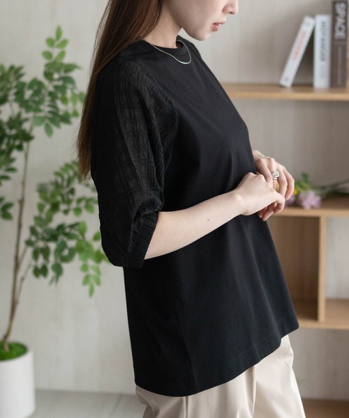 HusHusH(ハッシュアッシュ)の「HusHusH 袖異素材プルオーバー(Tシャツ/カットソー・レディース・ブラック/サックスブルー/オフホワイト・M/L)」の4枚目の写真