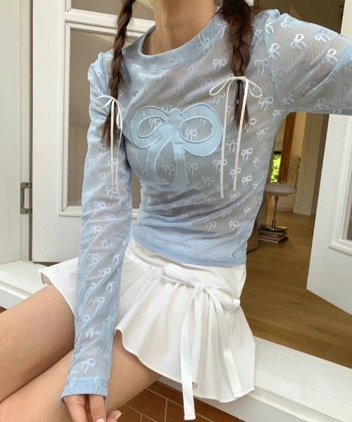 Mejoul(メジュール)の「リボン柄シアーロンT(Tシャツ/カットソー・レディース・ホワイト/ブルー/ブラック・F)」の3枚目の写真