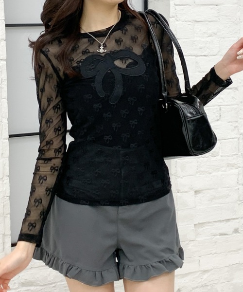 Mejoul(メジュール)の「リボン柄シアーロンT(Tシャツ/カットソー・レディース・ホワイト/ブルー/ブラック・F)」の2枚目の写真