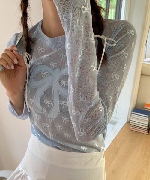 Mejoul(メジュール)の「リボン柄シアーロンT(Tシャツ/カットソー・レディース・ホワイト/ブルー/ブラック・F)」の4枚目の写真