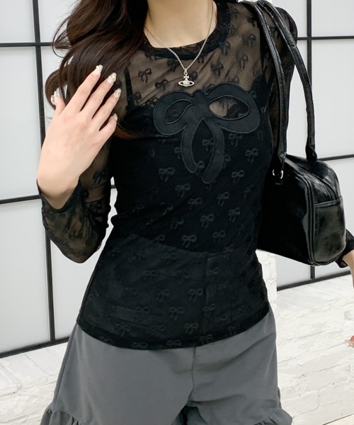 Mejoul(メジュール)の「リボン柄シアーロンT(Tシャツ/カットソー・レディース・ホワイト/ブルー/ブラック・F)」の10枚目の写真