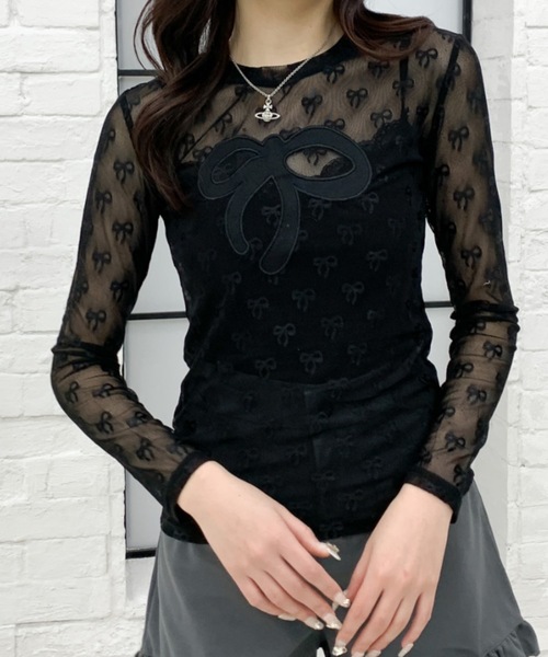 Mejoul(メジュール)の「リボン柄シアーロンT(Tシャツ/カットソー・レディース・ホワイト/ブルー/ブラック・F)」の11枚目の写真