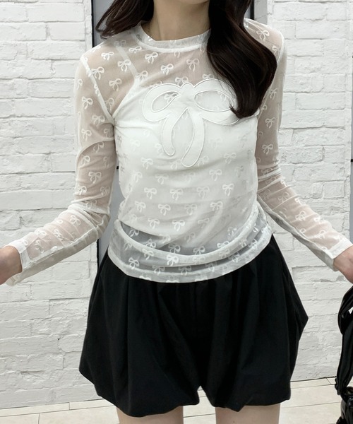 Mejoul(メジュール)の「リボン柄シアーロンT(Tシャツ/カットソー・レディース・ホワイト/ブルー/ブラック・F)」の15枚目の写真