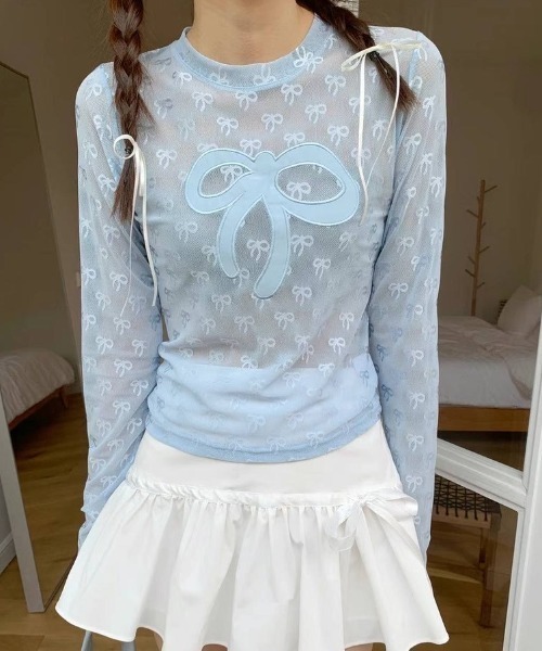 Mejoul(メジュール)の「リボン柄シアーロンT(Tシャツ/カットソー・レディース・ホワイト/ブルー/ブラック・F)」の18枚目の写真