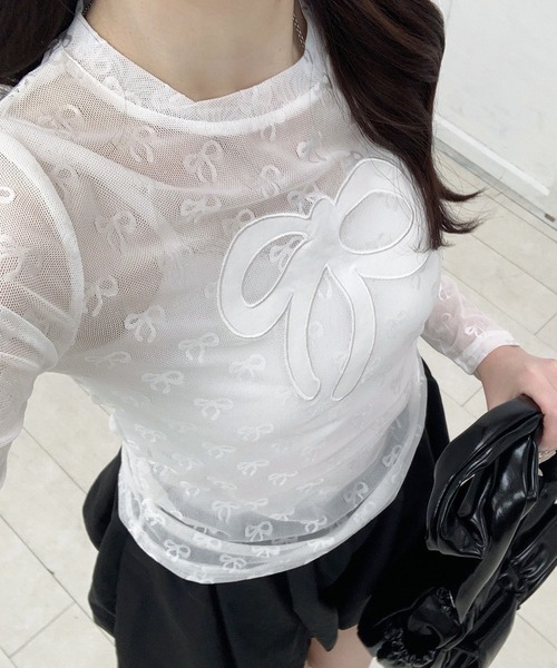 Mejoul(メジュール)の「リボン柄シアーロンT(Tシャツ/カットソー・レディース・ホワイト/ブルー/ブラック・F)」の17枚目の写真